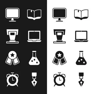 Set Laptop, Stage stand, Computer monitor, Open book, Medal with star, Test tube Stock Illustration