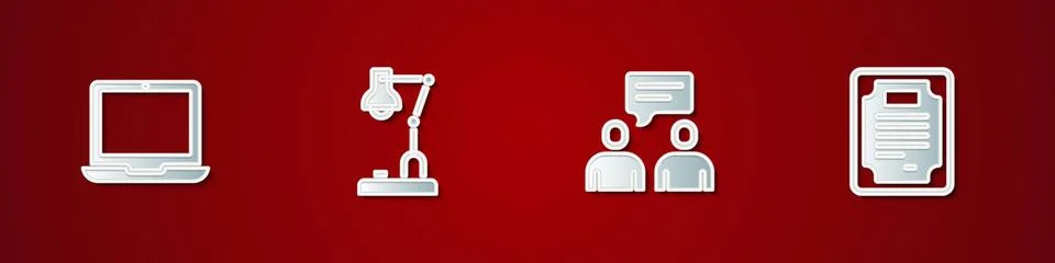 Set Laptop, Table lamp, Two sitting men talking and Certificate template icon Illustrazione stock
