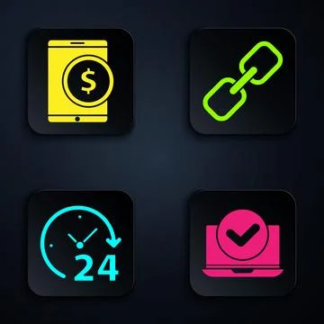 Set Laptop, Tablet with dollar, Clock 24 hours and Chain link. Black square Stock Illustration