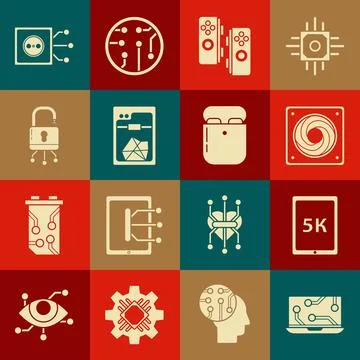 Set Laptop, Tablet with text 5k, Computer cooler, Gamepad, 3D printer, Lock on Stock Illustration