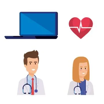 Set laptop technology with doctors and heartbeat Stock Illustration