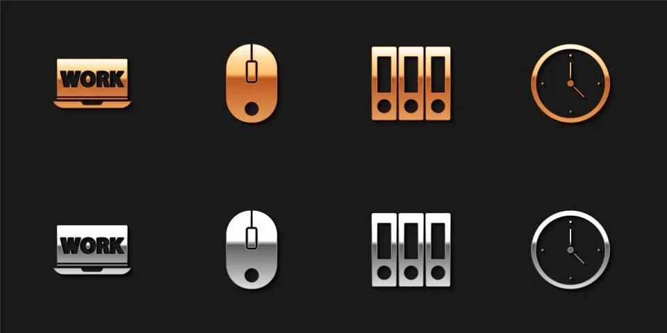 Set Laptop with text work, Computer mouse, Office folders and Clock icon. Vector Stock Illustration