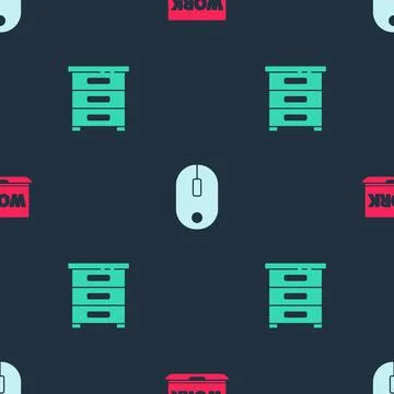 Set Laptop with text work, Computer mouse and Drawer documents on seamless Stock Illustration