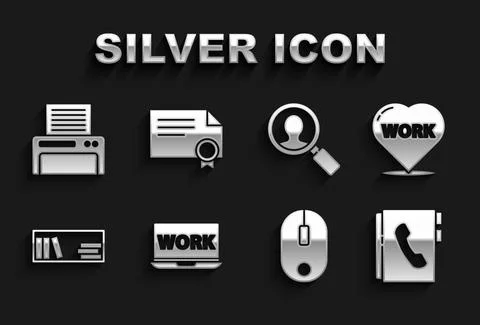 Set Laptop with text work, Heart, Address book, Computer mouse, Shelf books Stock-Illustration