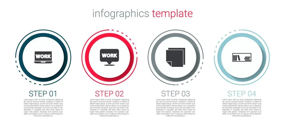 Set Laptop with text work, Location, Post note stickers and Shelf books Stock Illustration