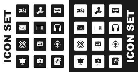 Set Laptop with text work, Office desk, Envelope, Movie, film, media projec.. 스톡 일러스트