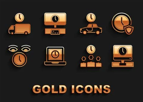 Set Laptop time, Clock with shield, Monitor, Time Management, travel, Deliv.. Stock Illustration