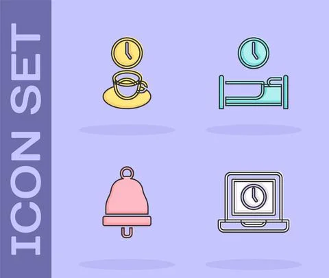 Set Laptop time, Coffee, Ringing bell and Time sleep icon. Vector Stock Illustration