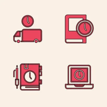 Set Laptop time, Delivery, Time for book and Daily paper notepad icon. Vector 스톡 일러스트