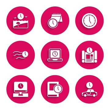 Set Laptop time, Time for book, travel, Project plan, Monitor, flies the clock Ilustración de archivo