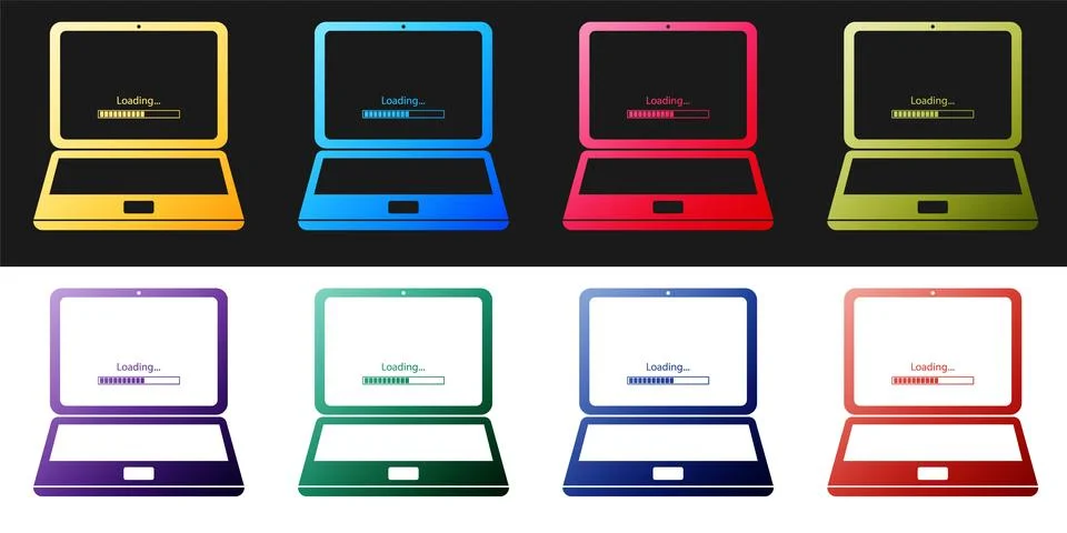 Set Laptop update process with loading bar icon isolated on black and white Stock Illustration