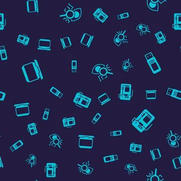 Set Laptop, USB flash drive, Eye scan and Motherboard on seamless pattern Stock Illustration