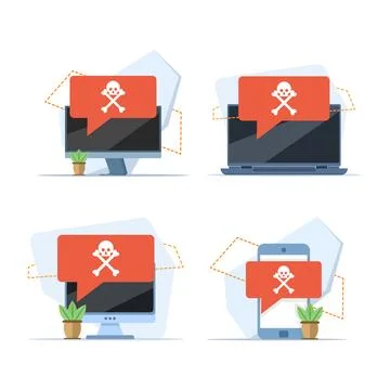 Set of laptop warning notifications featuring malware alerts, spam data. Stock Illustration