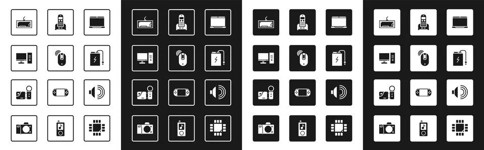 Set Laptop, Wireless computer mouse, Computer monitor, Keyboard, Power bank with Stock Illustration