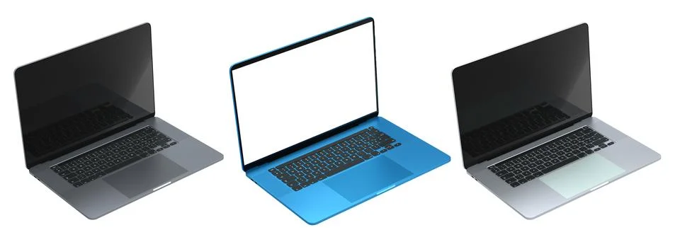 Set of laptops with blank white screens, displayed in angled views isolated on Stock Illustration