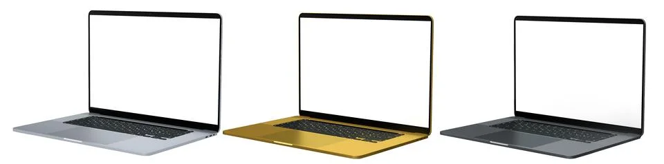 Set of laptops with blank white screens, displayed in angled views isolated o 스톡 일러스트