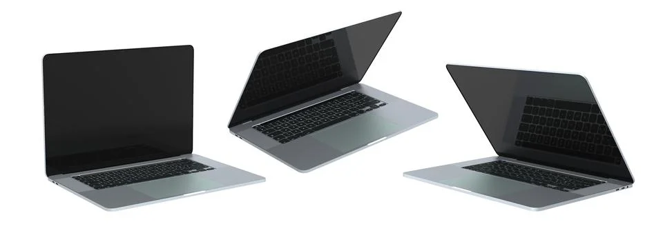 Set of laptops with blank white screens, displayed in angled views isolated o Illustrazione stock