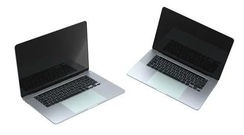 Set of laptops with blank white screens, displayed in angled views isolated o Stock Illustration