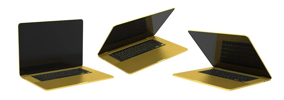 Set of laptops with blank white screens, displayed in angled views isolated o Stock Illustration