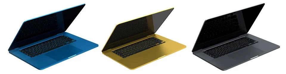 Set of laptops with blank white screens, displayed in angled views isolated o Stock Illustration