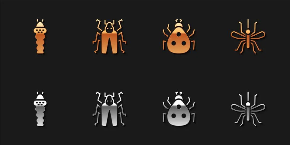 Set Larva insect, Beetle bug, Ladybug and Mosquito icon. Vector Stock Illustration