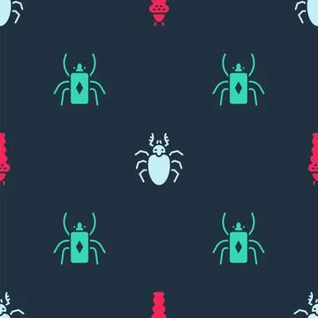 Set Larva insect, Beetle deer and bug on seamless pattern. Vector Illustrazione stock
