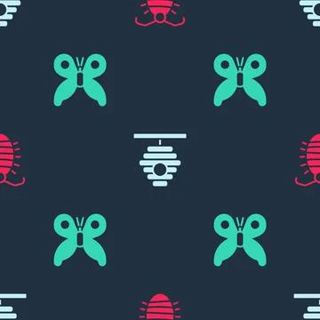 Set Larva insect, Hive for bees and Butterfly on seamless pattern. Vector イラスト素材