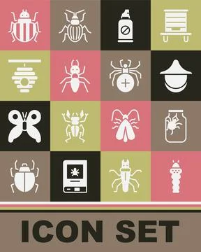 Set Larva insect, Spider jar, Beekeeper hat, Spray against insects, Ant, Hive Illustration