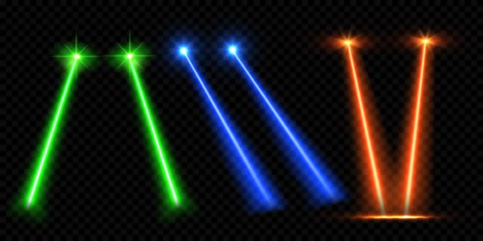 Set of laser beams from eyes, vector glowing neon light lines different colors 스톡 일러스트