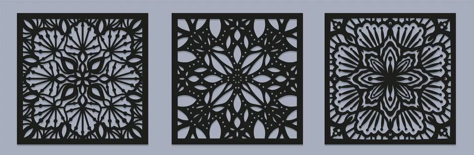 Set of Laser cut vector Decorative panel. Black Cutout silhouette Stock Illustration