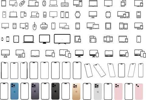 Set of latest iPhone 15, 14 pro max, smartphone, tablet, laptop, LCD, monit.. Stock Illustration