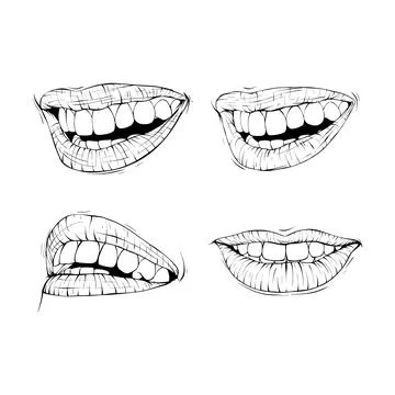 Set laughing mouth collection sketch vector illustration line art Stock Illustration