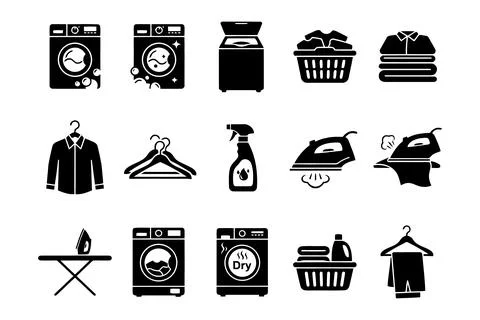 Set of Laundry and Garment Care Icons Featuring Washing Machines and Ironin.. 스톡 일러스트