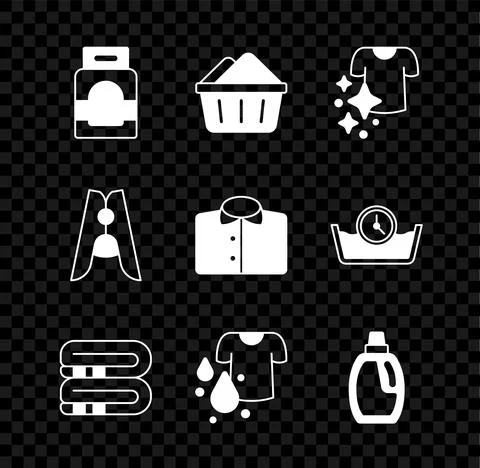 Set Laundry detergent, Basin with soap suds, Drying clothes, Towel stack, Dirty 库存插图