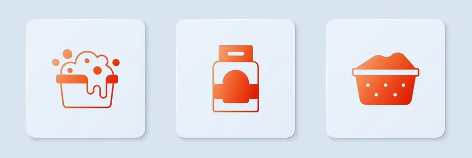 Set Laundry detergent, Basin with soap suds and . White square button. Vector Illustrazione stock