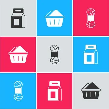 Set Laundry detergent, Basin with soap suds and Yarn icon. Vector Stock Illustration