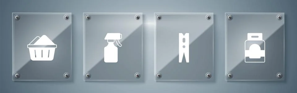 Set Laundry detergent, Clothes pin, Water spray bottle and Basin with soap .. Stock Illustration