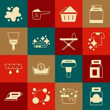 Set Laundry detergent, Drying clothes, Basin with soap suds, Towel stack, R.. Illustrazione stock