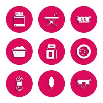 Set Laundry detergent, Feather, Washing modes, Washer, Yarn, Basin with soap Stock Illustration