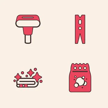 Set Laundry detergent, Garment steamer, Clothes pin and Towel stack icon. Vector Stock Illustration