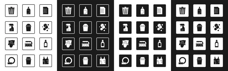 Set Laundry detergent, Trash can, Cleaning spray bottle, Soap water bubbles,  Stock Illustration