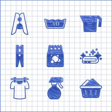 Set Laundry detergent, Water spray bottle, Basin with soap suds, Towel stack イラスト素材
