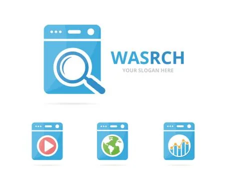 Set of laundry logo combination. Washing machine and magnifying symbol or icon Stock Illustration