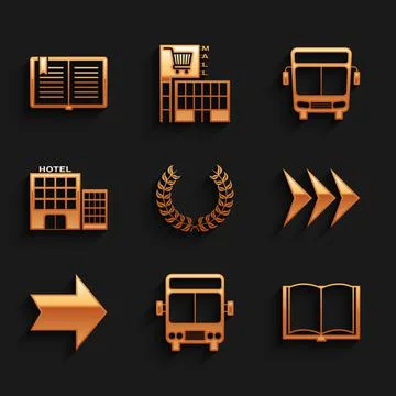 Set Laurel wreath, Bus, Open book, Arrow, Hotel building, and icon. Vector Illustrazione stock