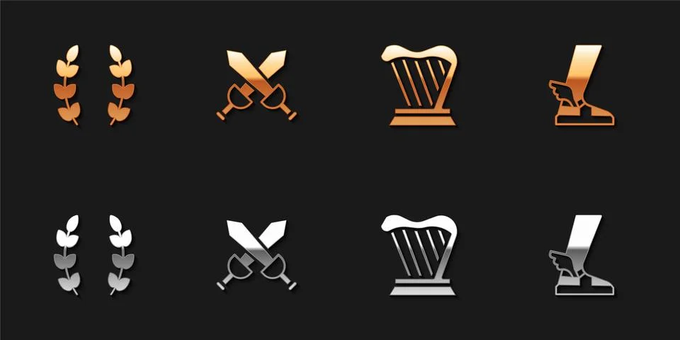 Set Laurel wreath, Crossed medieval sword, Harp and Hermes sandal icon. Vector Stock Illustration