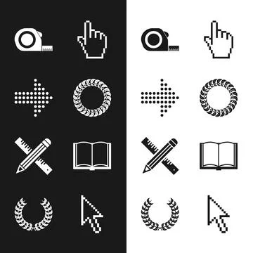 Set Laurel wreath, Dots arrow, Roulette construction, Pixel hand cursor, Cr.. Stock Illustration