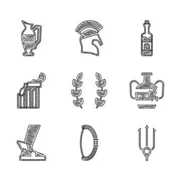 Set Laurel wreath, Medieval bow, Neptune Trident, Broken amphorae, Hermes sandal Ilustración de archivo
