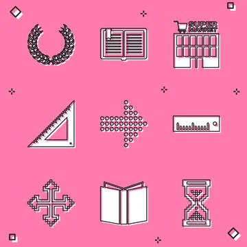 Set Laurel wreath, Open book, Supermarket building, Triangular ruler, Dots .. Ilustración de archivo