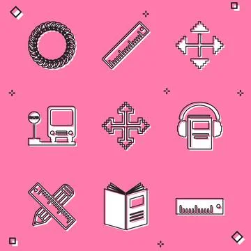 Set Laurel wreath, Ruler, Pixel arrows in four directions, Bus stop, Audio .. Stock Illustration