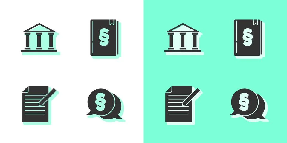 Set Law, Courthouse building, Document and pen and book icon. Vector Ilustración de archivo